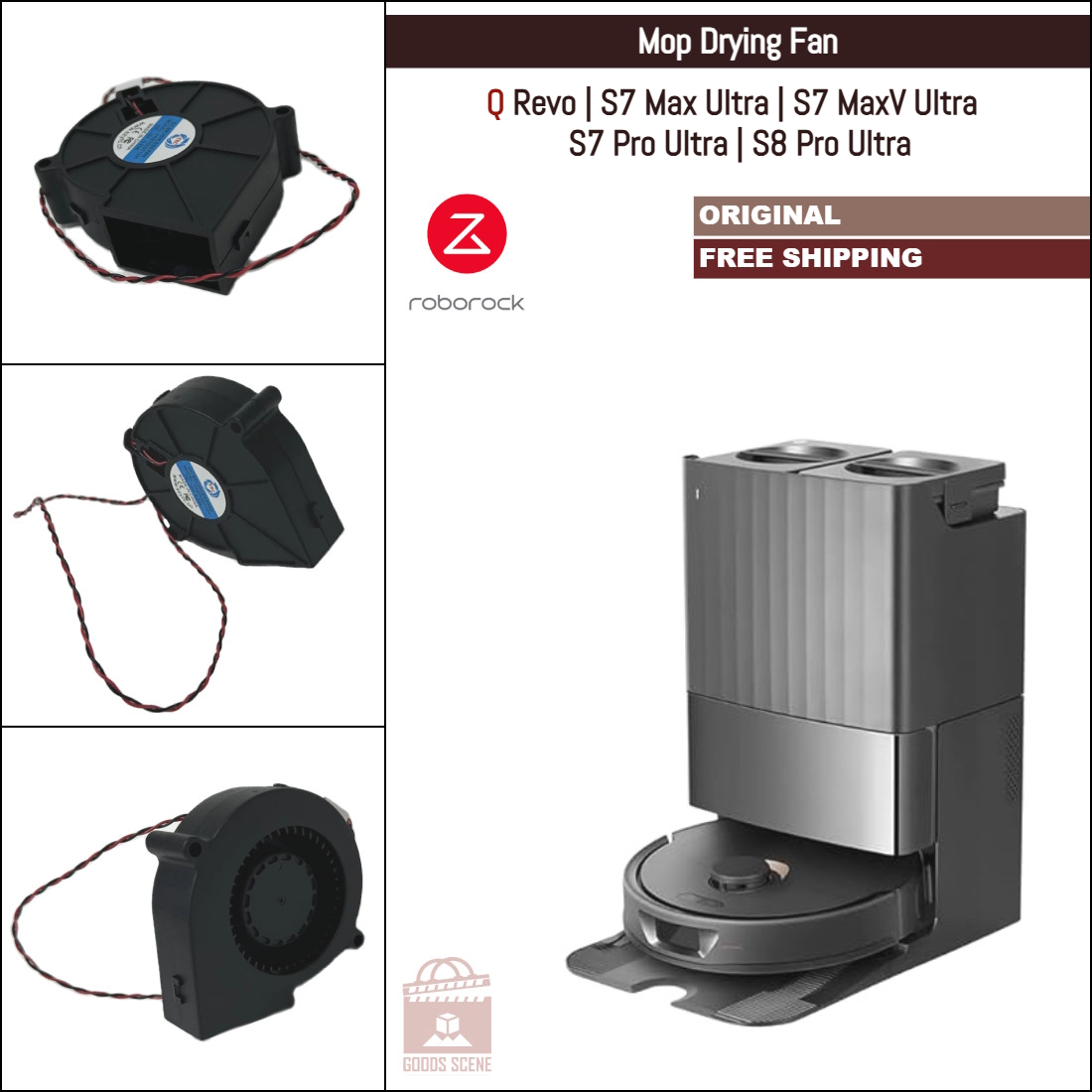 Roborock Q Revo, S7 Max Ultra, S8 Pro Ultra | Originale OEM-reparasjonsdeler: Mopp-tørkeviftemotormodul