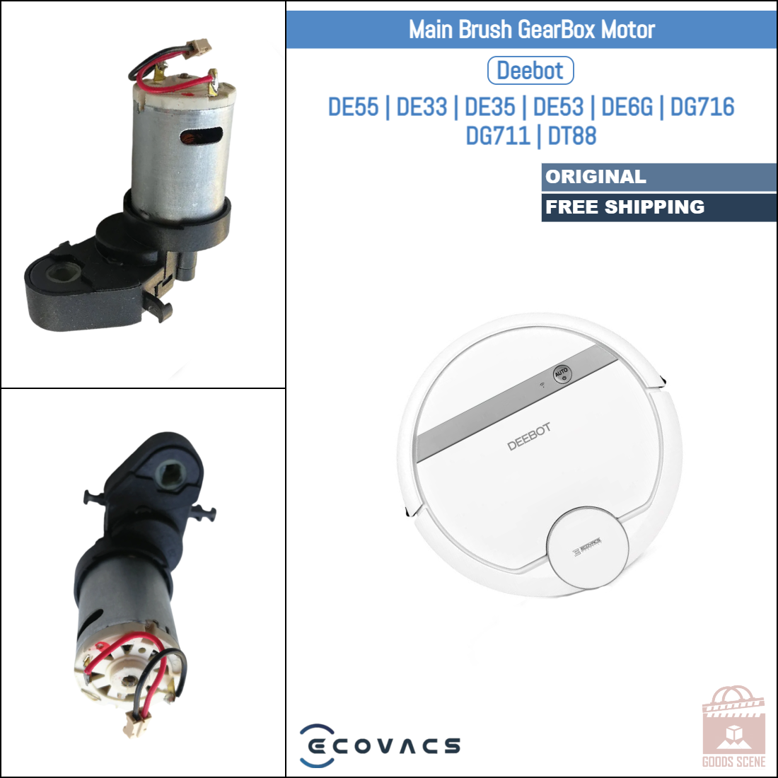 Ecovacs Deebot DE55, DE33, DE35, DE53, DE6G, DG716, DG711, DT88 | Original Spare & Repair Parts: Main Brush Gearbox Motor