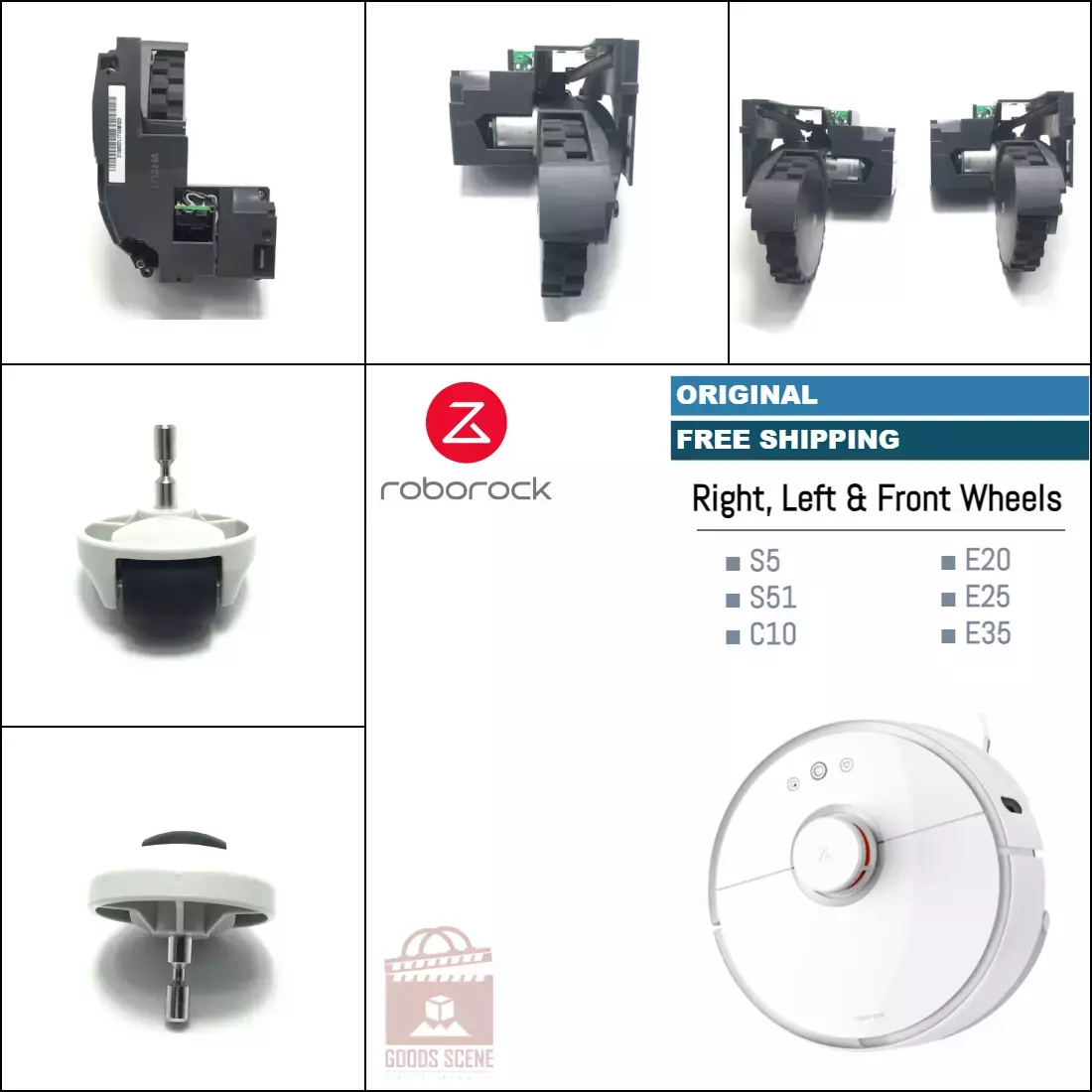 Roborock S5, S50, S51, E20, Xiaowa E25, E3, C10 | Original Spare & Repair Parts: Main Left & Right Wheels, Front Wheel