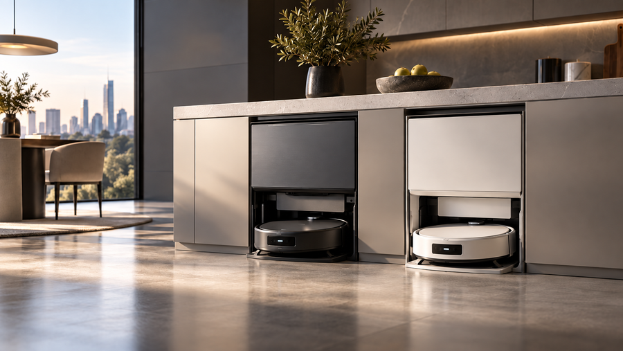 Editorial illustration of two fictional robot vacuum systems integrated into premium kitchen cabinetry