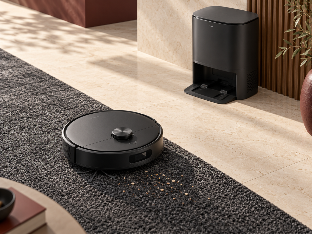 A black robot vacuum cleaning textured carpet beside a compact self-empty dock in a warm editorial interior