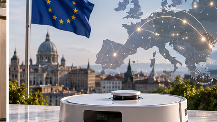 Editorial illustration of a fictional robot vacuum against a stylized European market backdrop, with no commercial branding