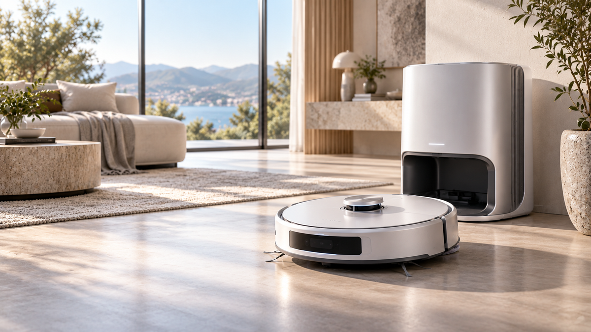 Editorial illustration of a silver robot vacuum and dock in a premium modern interior