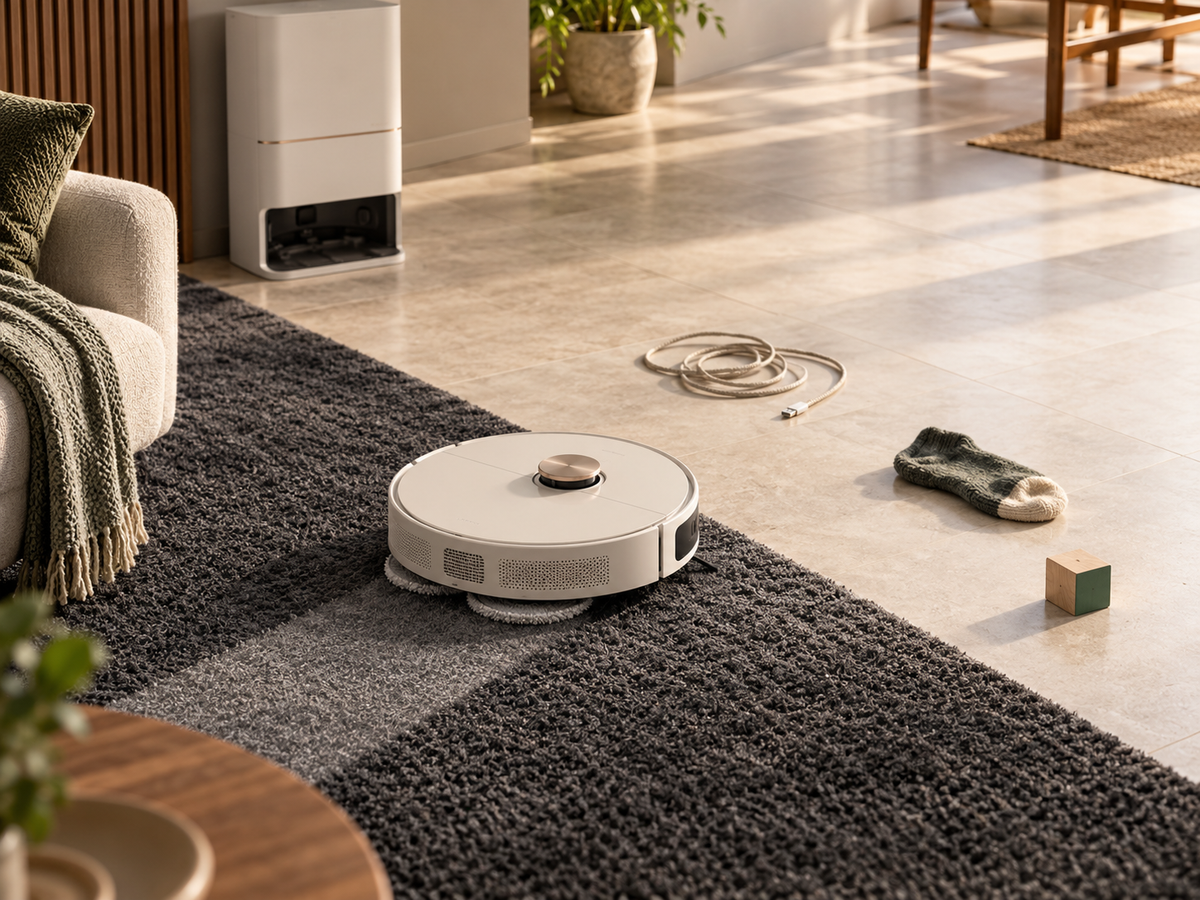 A robot vacuum moving from charcoal carpet toward a cable, sock and toy block in a warm modern interior