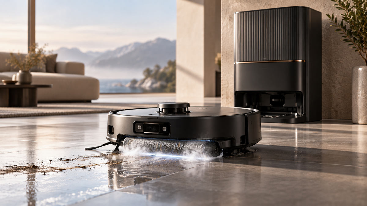 Editorial illustration of a premium roller-mop robot vacuum using steam cleaning in a modern interior