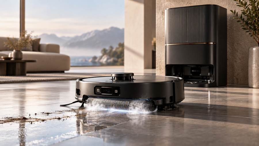 Editorial illustration of a premium roller-mop robot vacuum using steam cleaning in a modern interior