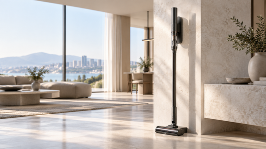 Editorial illustration of a fictional ultra-slim cordless stick vacuum in a premium modern interior