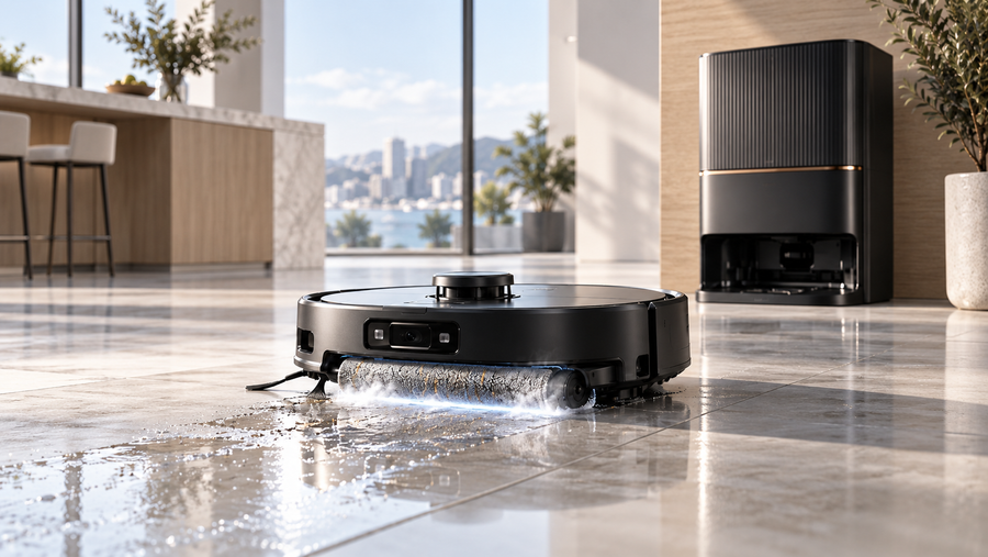 Editorial illustration of a premium roller-mop robot vacuum and dock cleaning a wet floor in a bright modern home