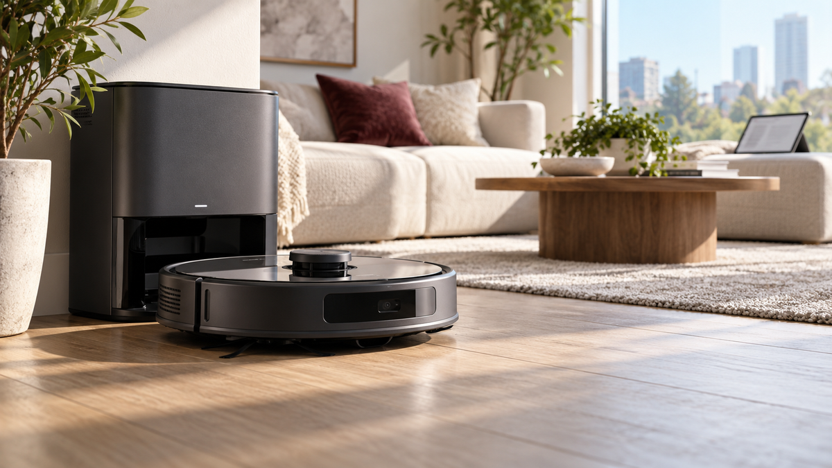 Robot vacuum and docking station in a modern home, for an article about FCC robot vacuum rules in 2026.