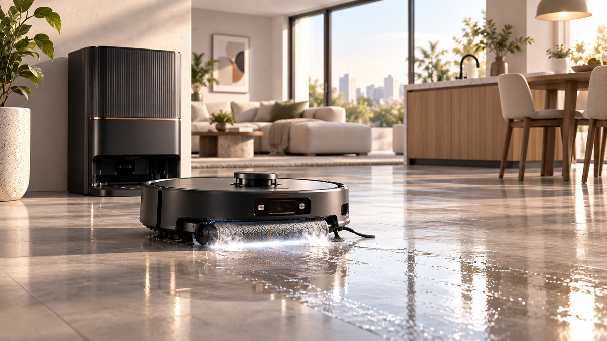 Editorial illustration of a premium robot vacuum and mop bringing flagship cleaning features to a modern home