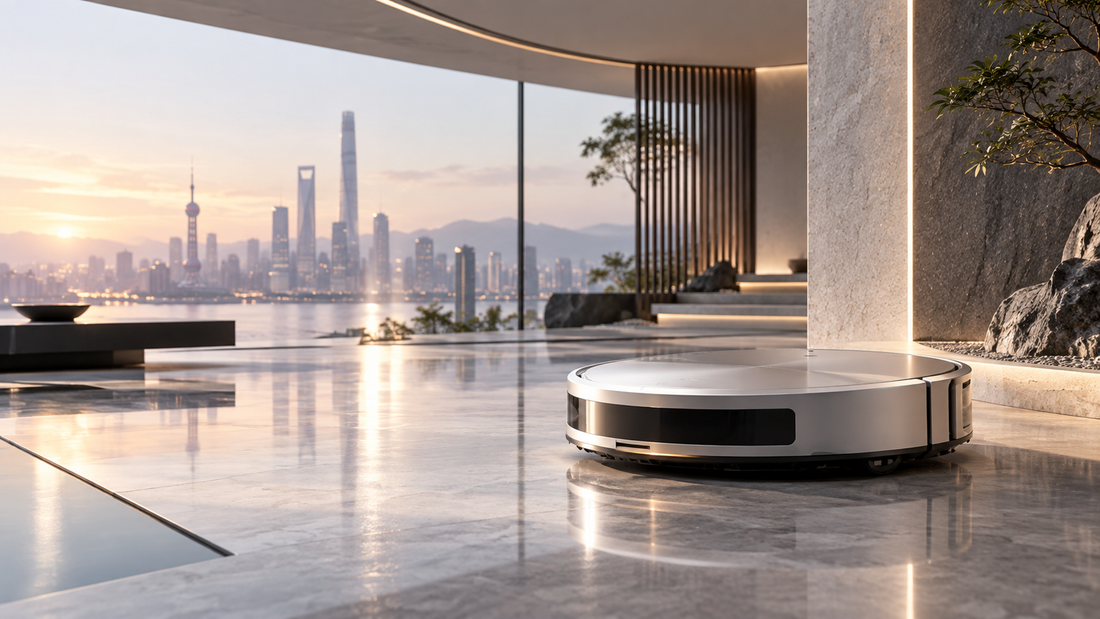 Editorial illustration of a fictional premium low-profile robot vacuum in a futuristic China-inspired technology interior