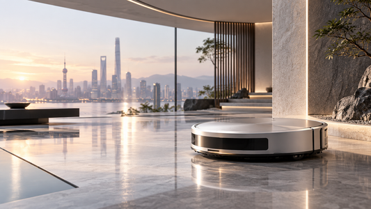 Editorial illustration of a fictional premium low-profile robot vacuum in a futuristic China-inspired technology interior