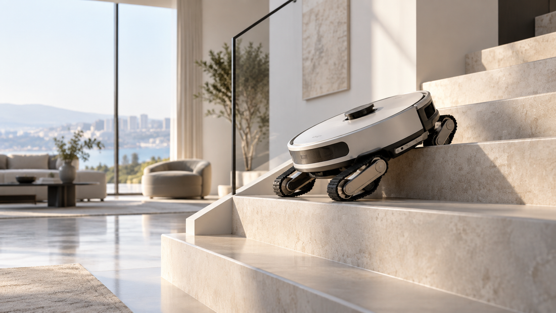 Editorial illustration of a fictional stair-climbing robot vacuum in a premium modern interior