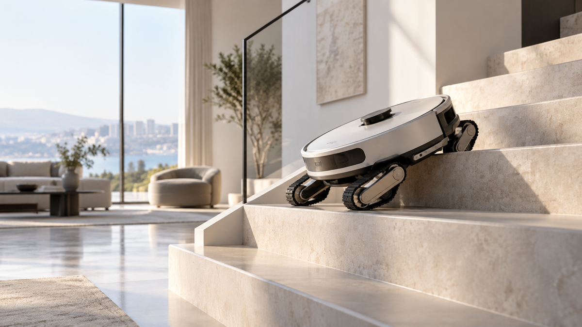 Editorial illustration of a fictional stair-climbing robot vacuum in a premium modern interior