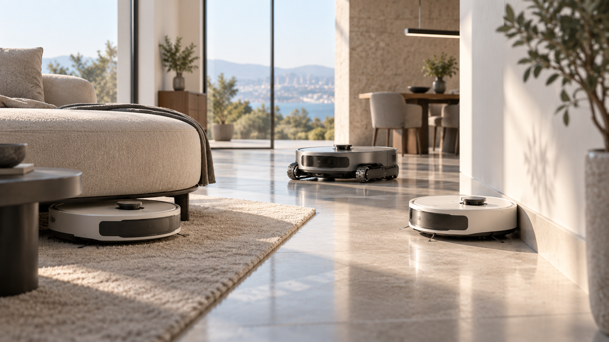 Editorial illustration of three fictional premium robot vacuums from one product family cleaning a modern home
