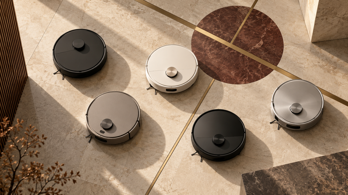 Five premium robot vacuums arranged on a warm architectural stone floor, illustrating the global robot vacuum market in Q2 2026.