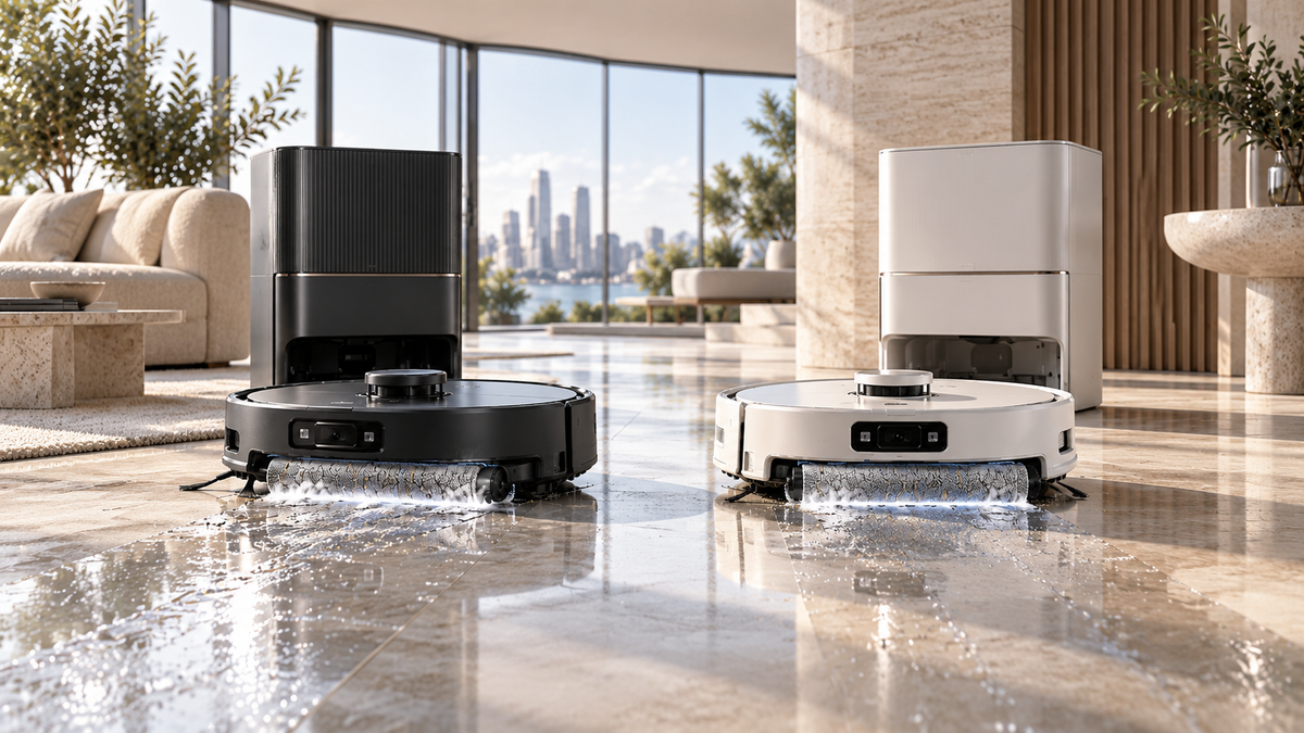 Editorial comparison illustration of two premium fresh-water robot vacuum and mop systems in a luxury interior