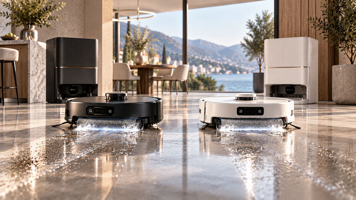 Editorial comparison illustration of two premium fresh-water roller-mop robot vacuum systems in a modern luxury interior