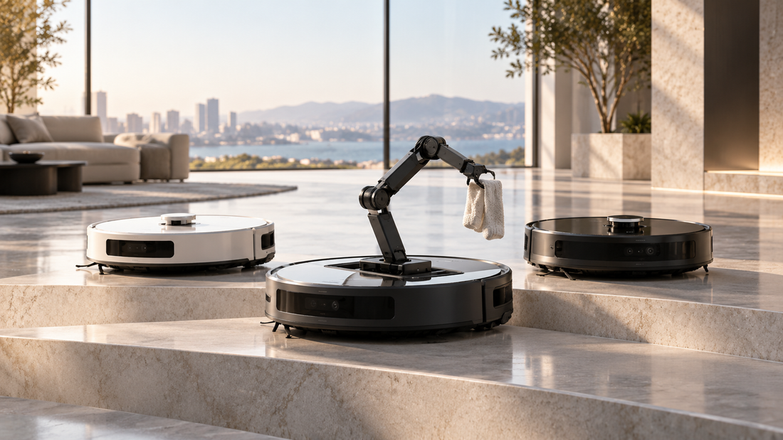 Editorial illustration of three fictional premium robot vacuums, including one with an articulated robotic arm