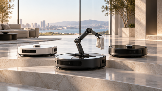 Editorial illustration of three fictional premium robot vacuums, including one with an articulated robotic arm