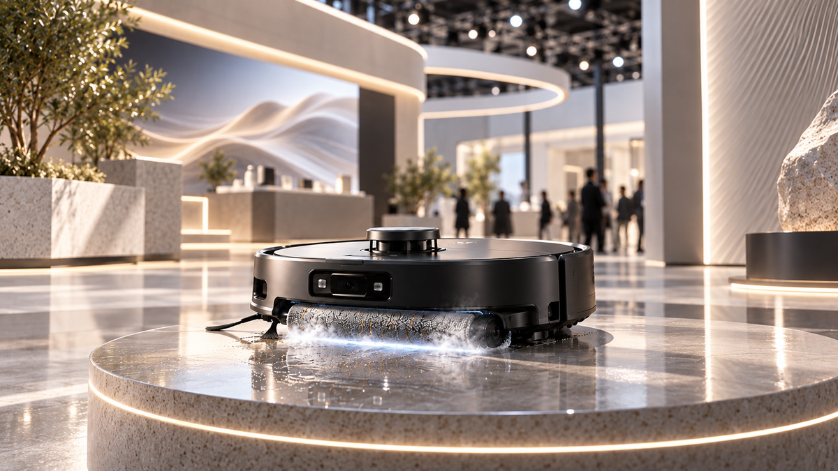Editorial illustration of a fictional premium robot vacuum in a modern technology showcase, with no branding