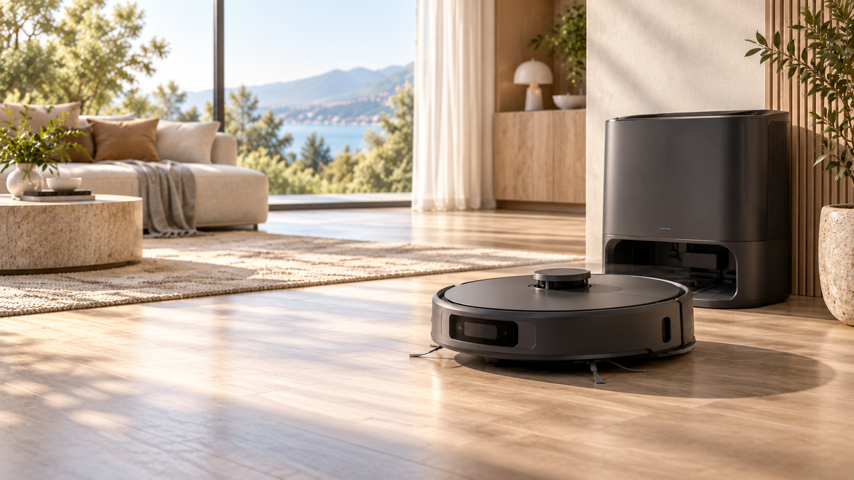 Editorial illustration of a dark robot vacuum and self-cleaning dock in a premium modern interior