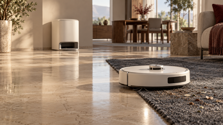 A premium robot vacuum crossing from warm stone flooring onto a dark rug during a real-world cleaning test