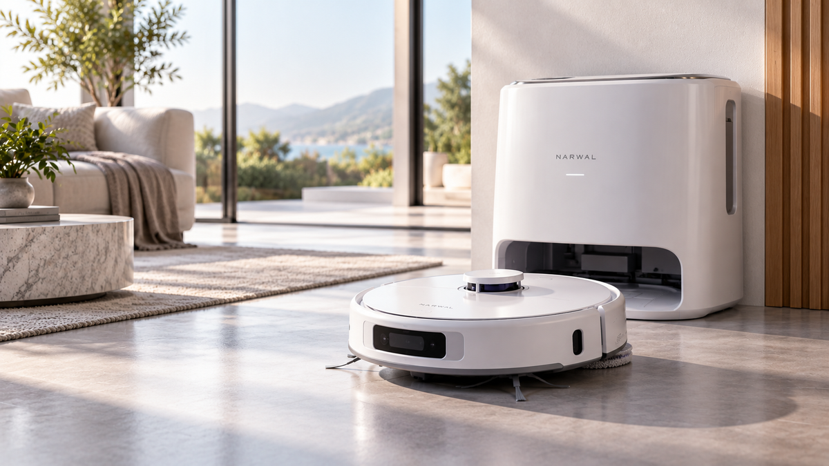 Editorial illustration of a fictional premium robot vacuum and dock in a bright modern interior