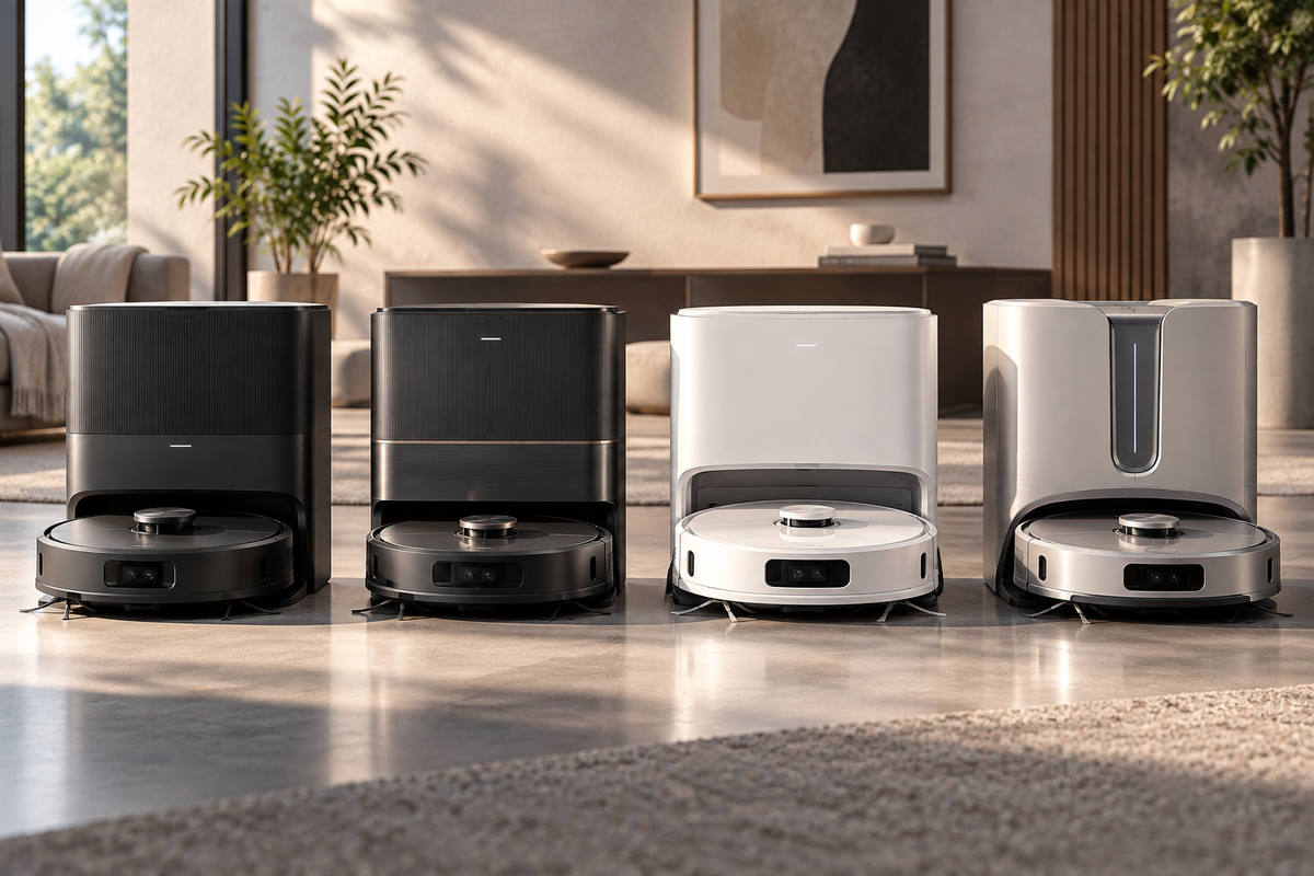 Editorial illustration of fictional premium robot vacuums and docks in a modern interior
