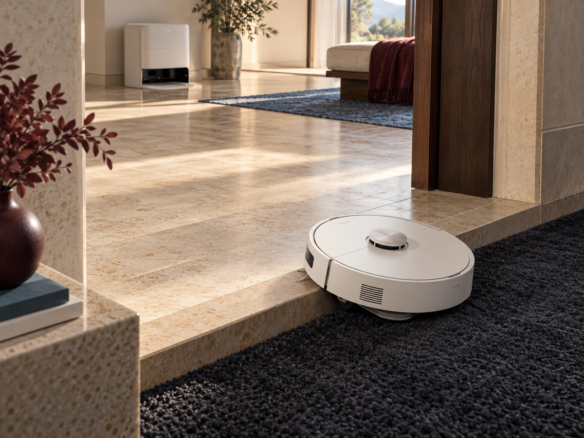 A white robot vacuum crossing a raised stone threshold from dark carpet in a warm modern interior