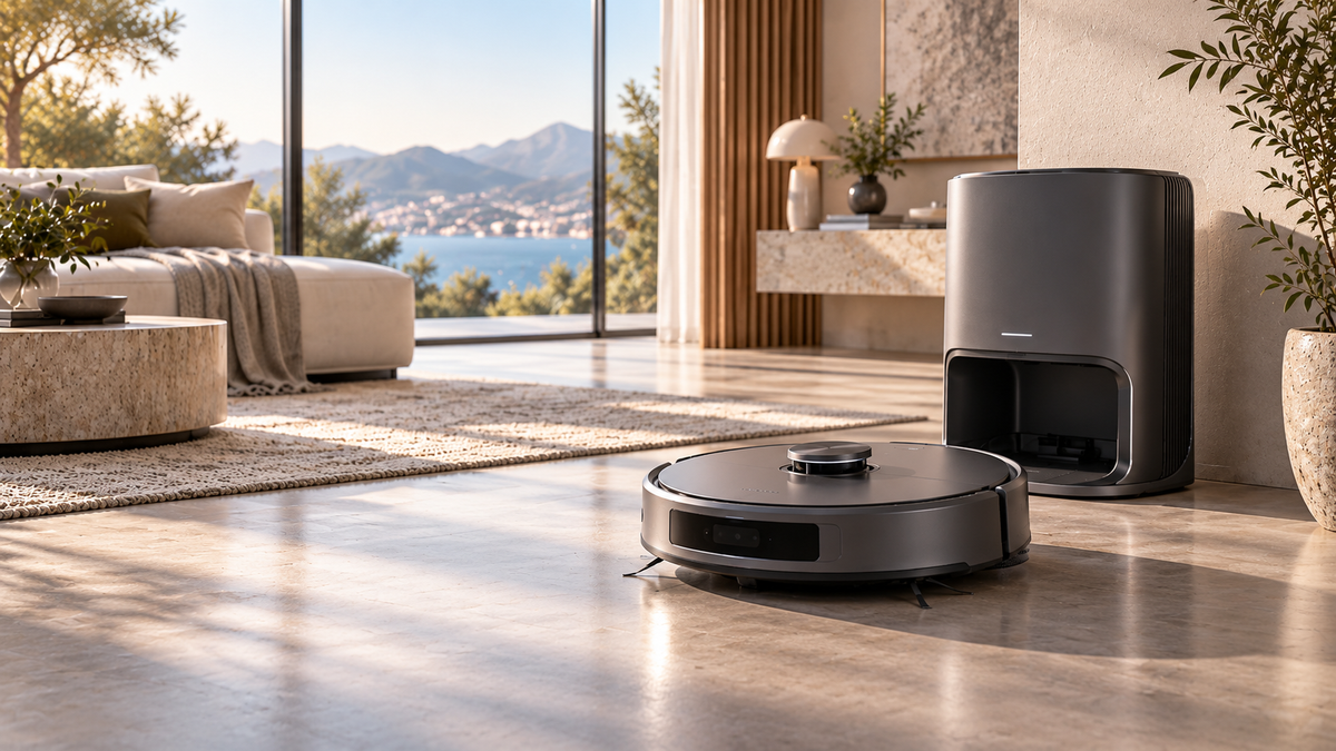Editorial illustration of a fictional premium robot vacuum and dock in a modern living room