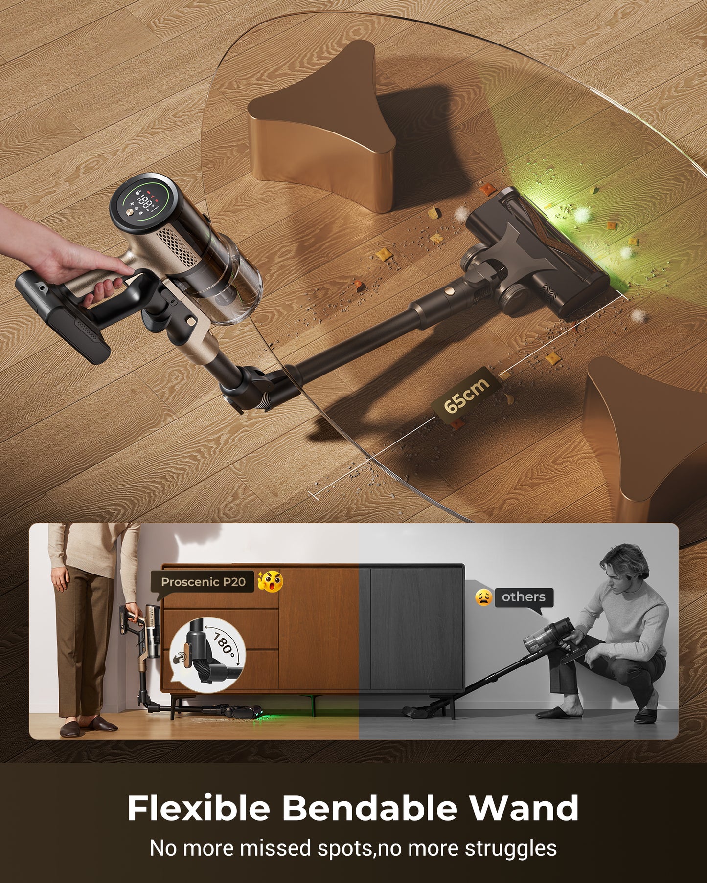 Proscenic P20 OnePass Cordless Stick Vacuum Cleaner | 70KPa Suction & Vacuum Mop