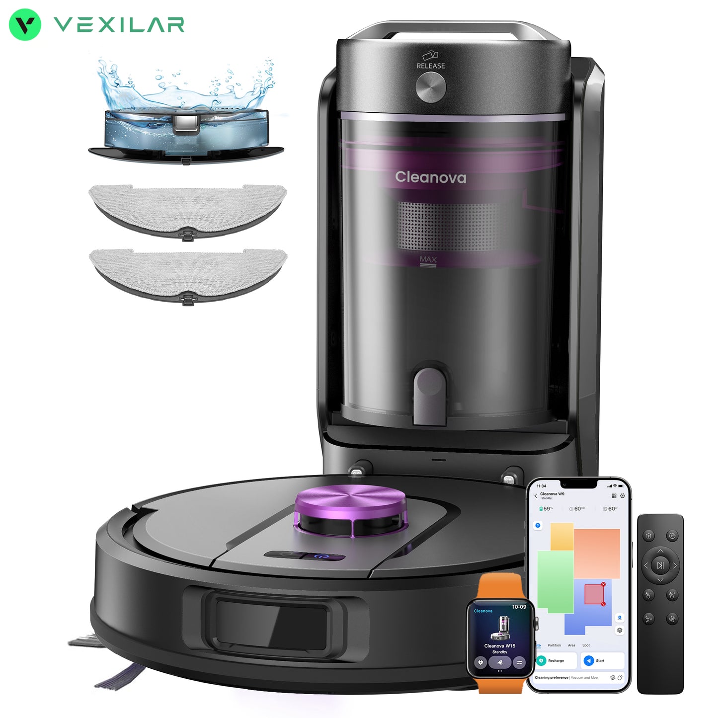 Vexilar Cleanova W15 Robot Vacuum Cleaner & Mop | 10000Pa Suction, Self-Empty Station & 360° LDS Navigation