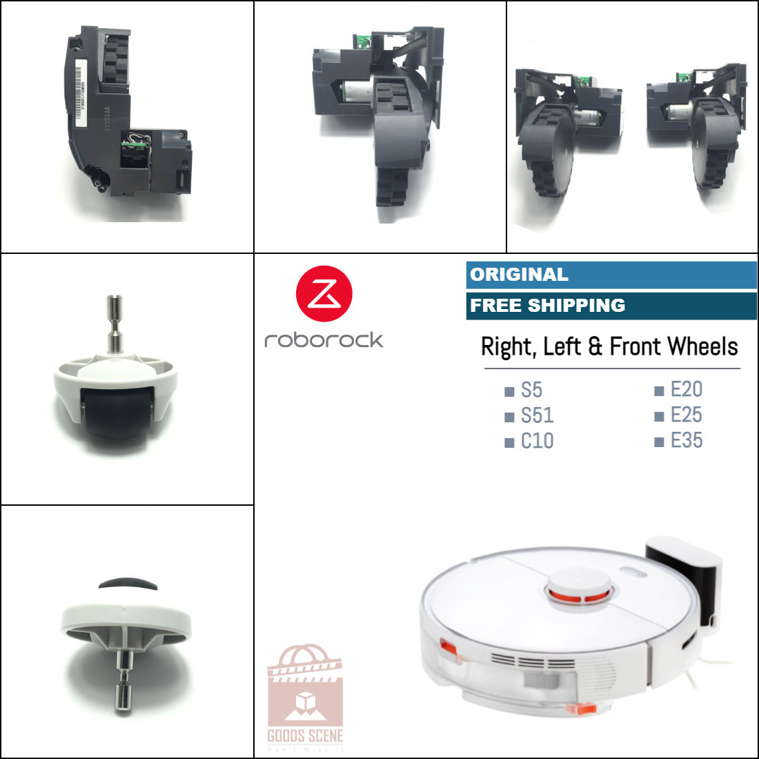 Roborock S5, S50, S51, E20, Xiaowa E25, E3, C10 | Original Spare & Repair Parts: Main Left & Right Wheels, Front Wheel