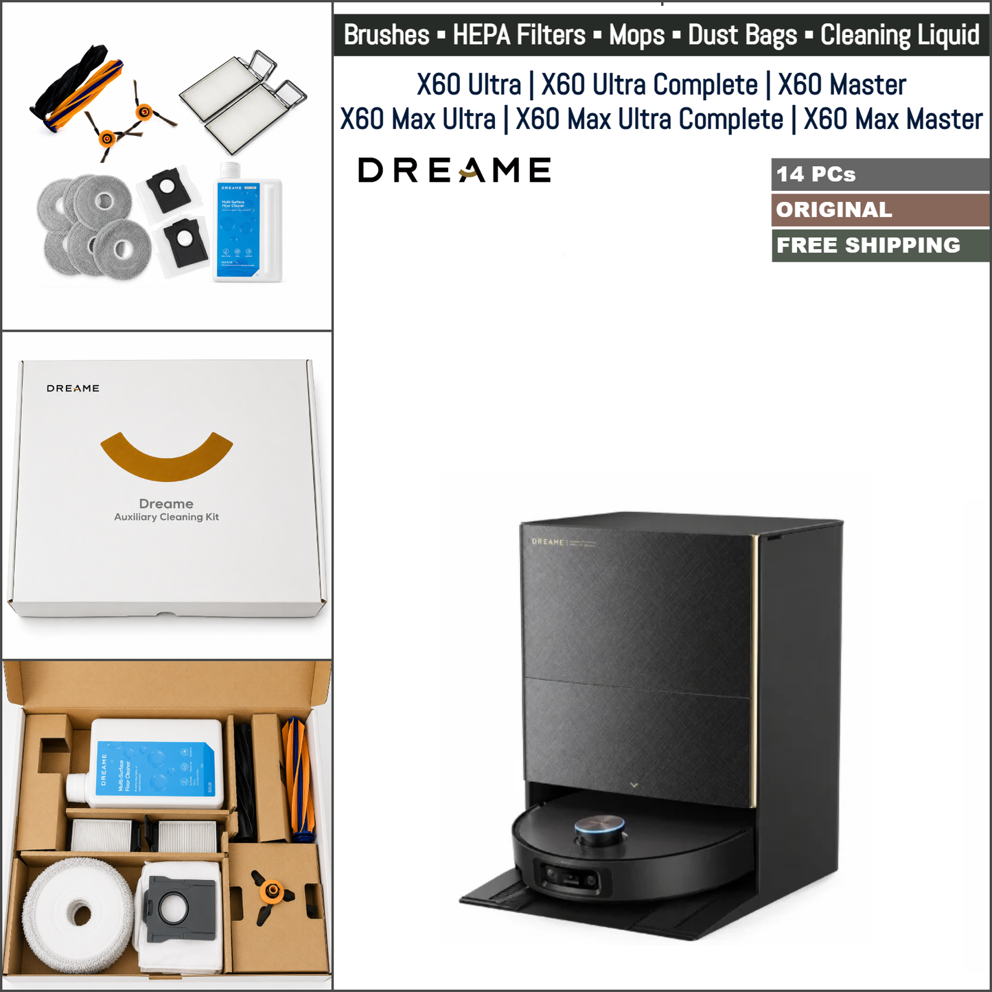 Dreame X60 Ultra, X60 Ultra Complete, X60 Master, X60 Max Ultra, X60 Max Ultra Complete, X60 Max Master | Original Consumable Parts & Accessories: Brushes, Mops, HEPA Filters, Dust Bags, Cleaning Liquid (Kit)