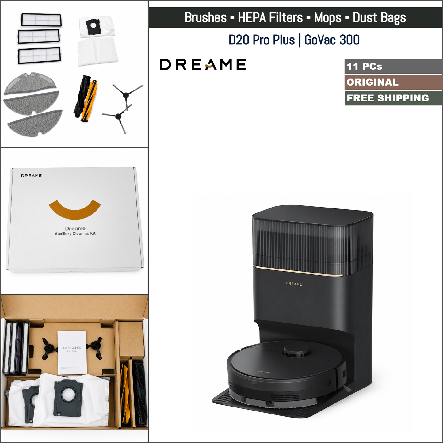 Dreame D20 Pro Plus, GoVac 300 | Original Consumable Parts & Accessories: Brushes, Mops, HEPA Filters, Dust Bags (Kit)