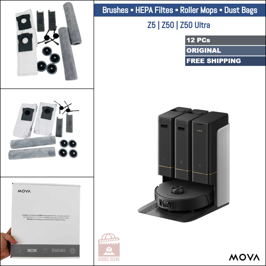 MOVA Z5, Z50, Z50 Ultra | Original Consumable Parts & Accessories: Side Brushes, Mopping Rollers, HEPA Filters, Dust Bags (Kit)