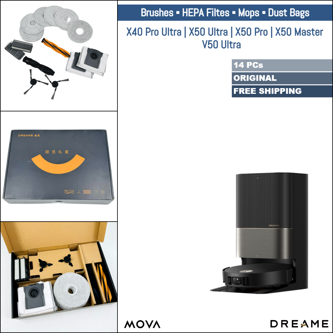 Dreame X40 Pro Ultra, X50 Ultra, X50 Pro, X50 Master, MOVA V50 Ultra | Original Consumable Parts & Accessories: Brushes, Mops, HEPA Filters, Dust Bags (Kit)