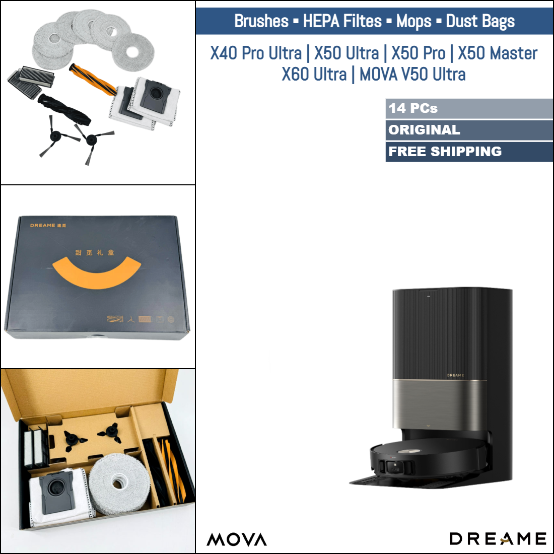 Dreame X40 Pro Ultra, X50 Ultra, X50 Pro, X50 Master, X60 Ultra, MOVA V50 Ultra | Original Consumable Parts & Accessories: Brushes, Mops, HEPA Filters, Dust Bags (Kit)