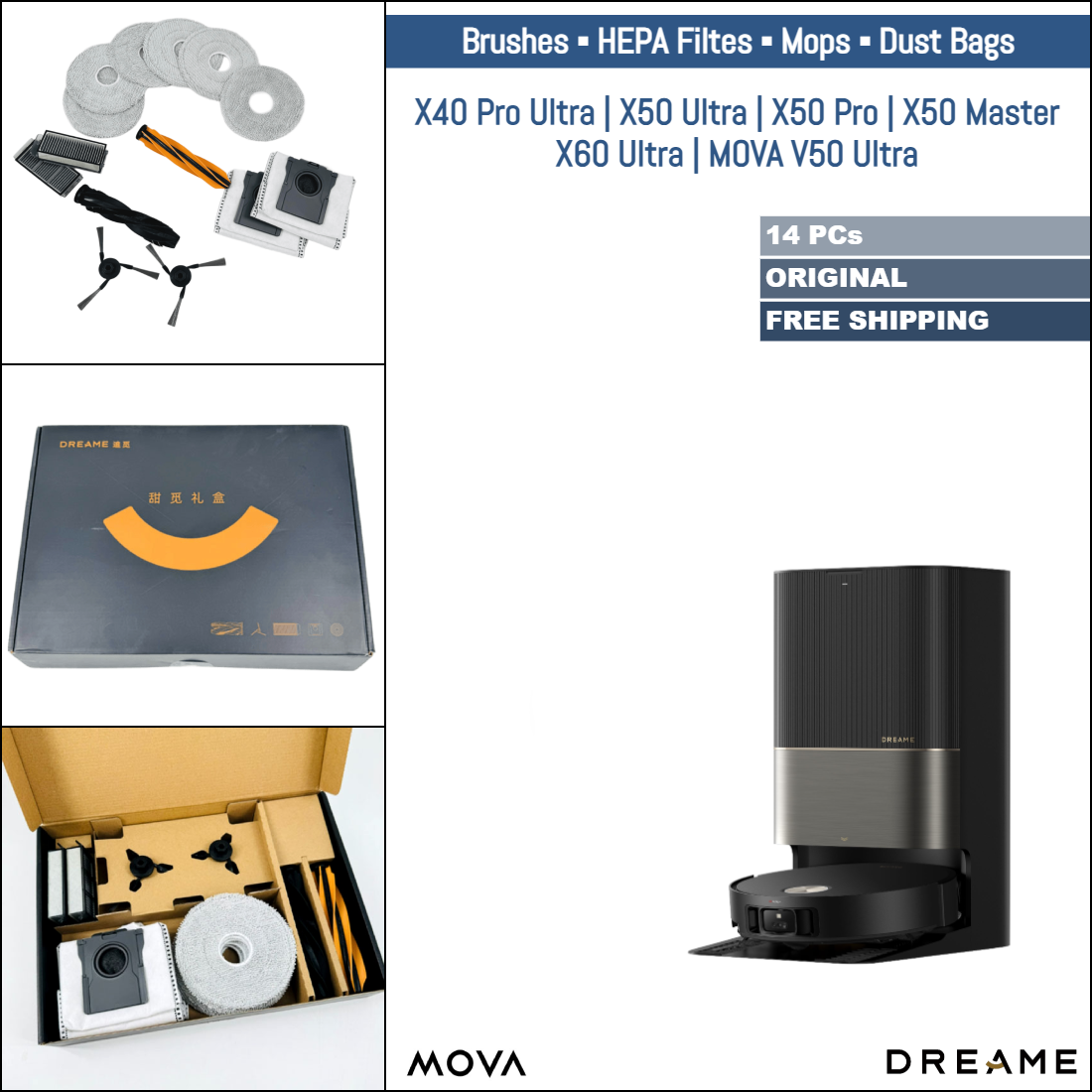 Dreame X40 Pro Ultra, X50 Ultra, X50 Pro, X50 Master, X60 Ultra, MOVA V50 Ultra | Original Consumable Parts & Accessories: Brushes, Mops, HEPA Filters, Dust Bags (Kit)