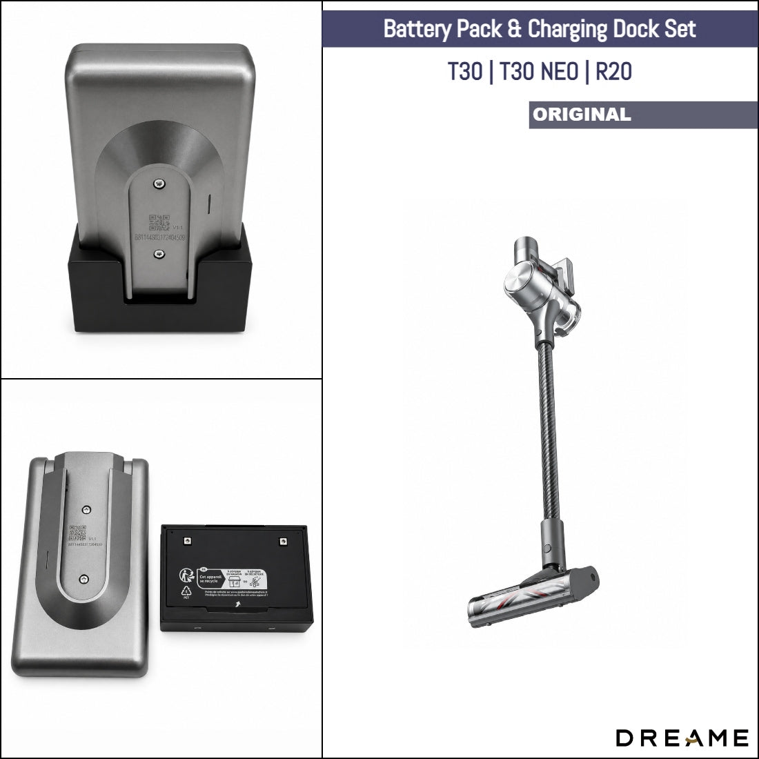 Dreame T30, T30 NEO, R20 | Original Spare & Repair Parts: Removable Battery & Charging Dock Set