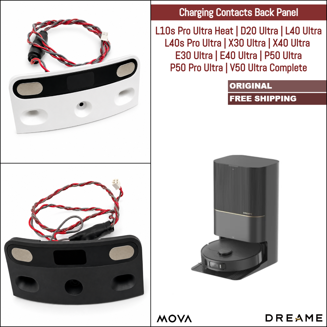 Dreame L10s Pro Ultra Heat, D20 Ultra, L40 Ultra, L40s Pro Ultra, X30 Ultra, X40 Ultra, MOVA E30 Ultra, E40 Ultra, P50 Ultra, V50 Ultra Complete | Original Spare & Repair Parts: Charging Contacts Back Panel