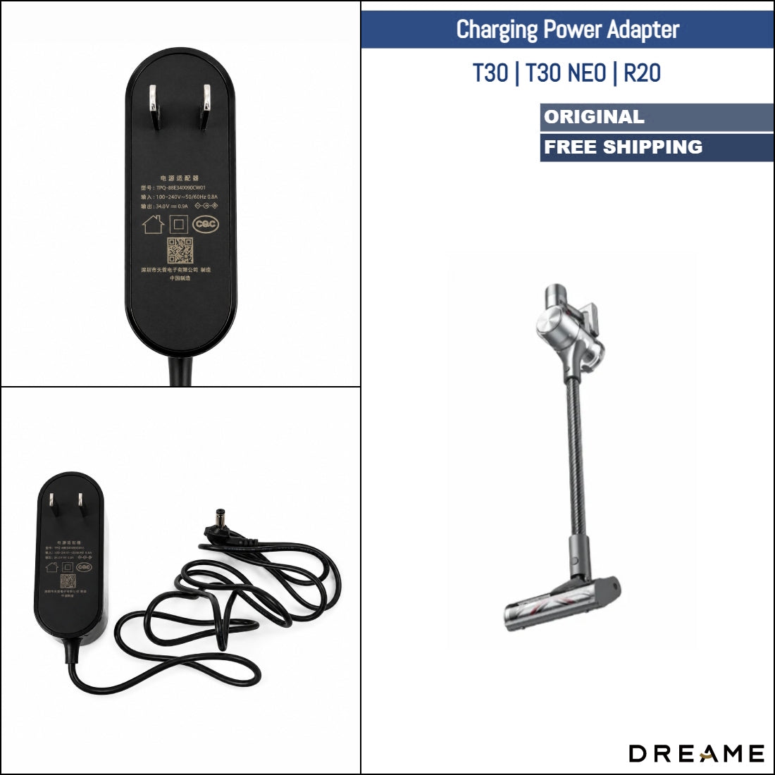 Dreame T30, T30 NEO, R20 | Original Spare & Repair Parts: Charging Power Adapter, US Plug