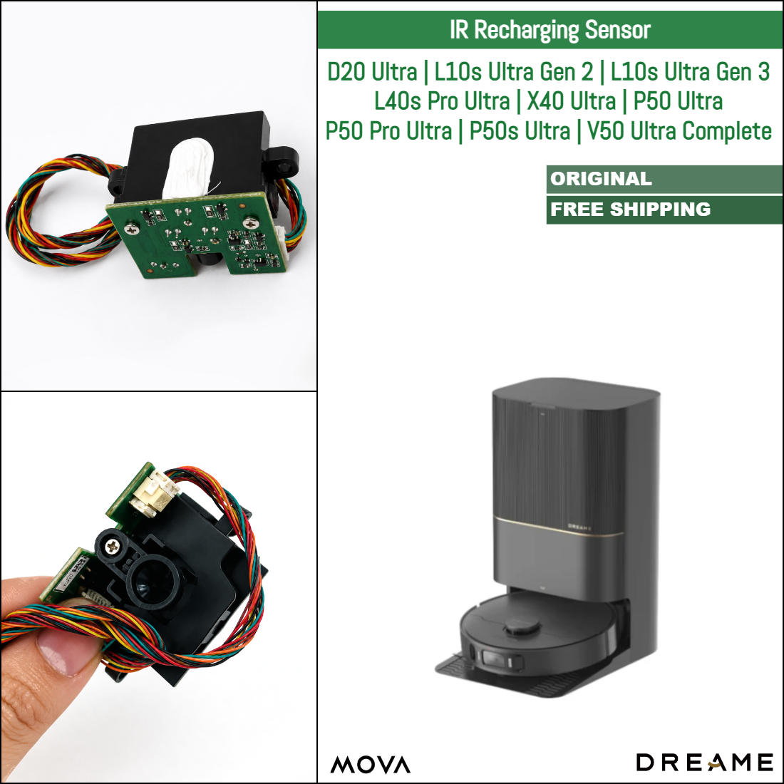 Dreame D20 Ultra, L10s Ultra Gen 2, L10s Ultra Gen 3, L40s Pro Ultra, X40 Ultra, MOVA P50 Ultra, P50 Pro Ultra, P50s Ultra, V50 Ultra Complete | Original Spare & Repair Parts For Auto Dock: Infrared Recharging Sensor