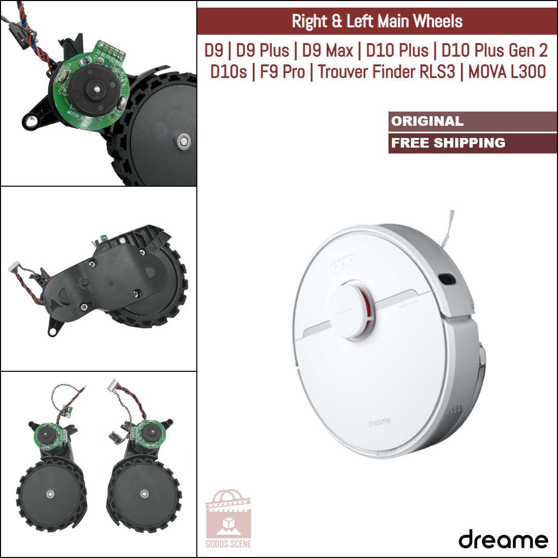 Dreame D9, D9 Plus, D9 Max, D10 Plus, D10s, F9 Pro, D10 Plus Gen 2, Trouver Finder RLS3, MOVA L300 | Original Spare & Repair Parts: Main Right & Left Wheels