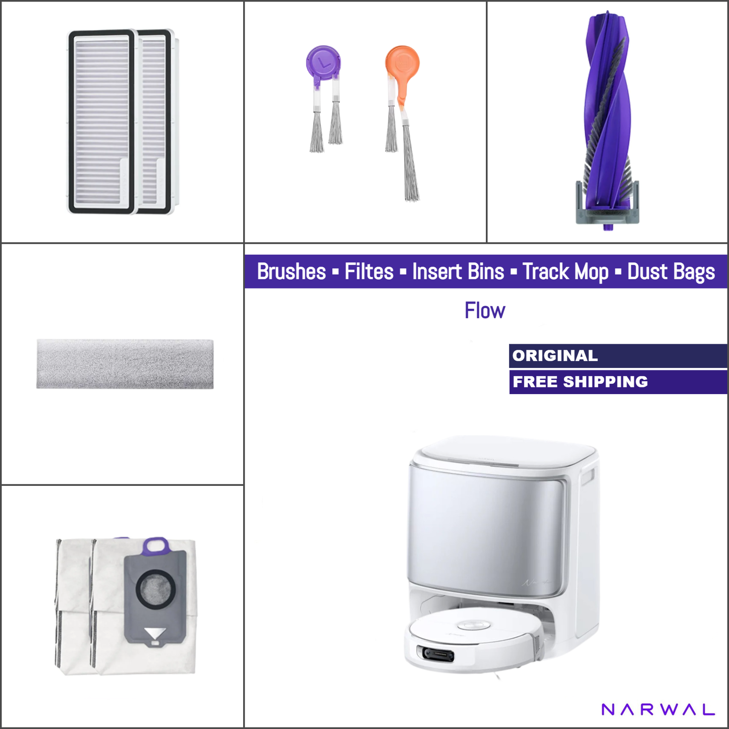 Narwal Flow | Original Consumable Parts & Accessories: Brushes, Track Mop, HEPA Filters, Dock Filters, Insert Bins & Dust Bags