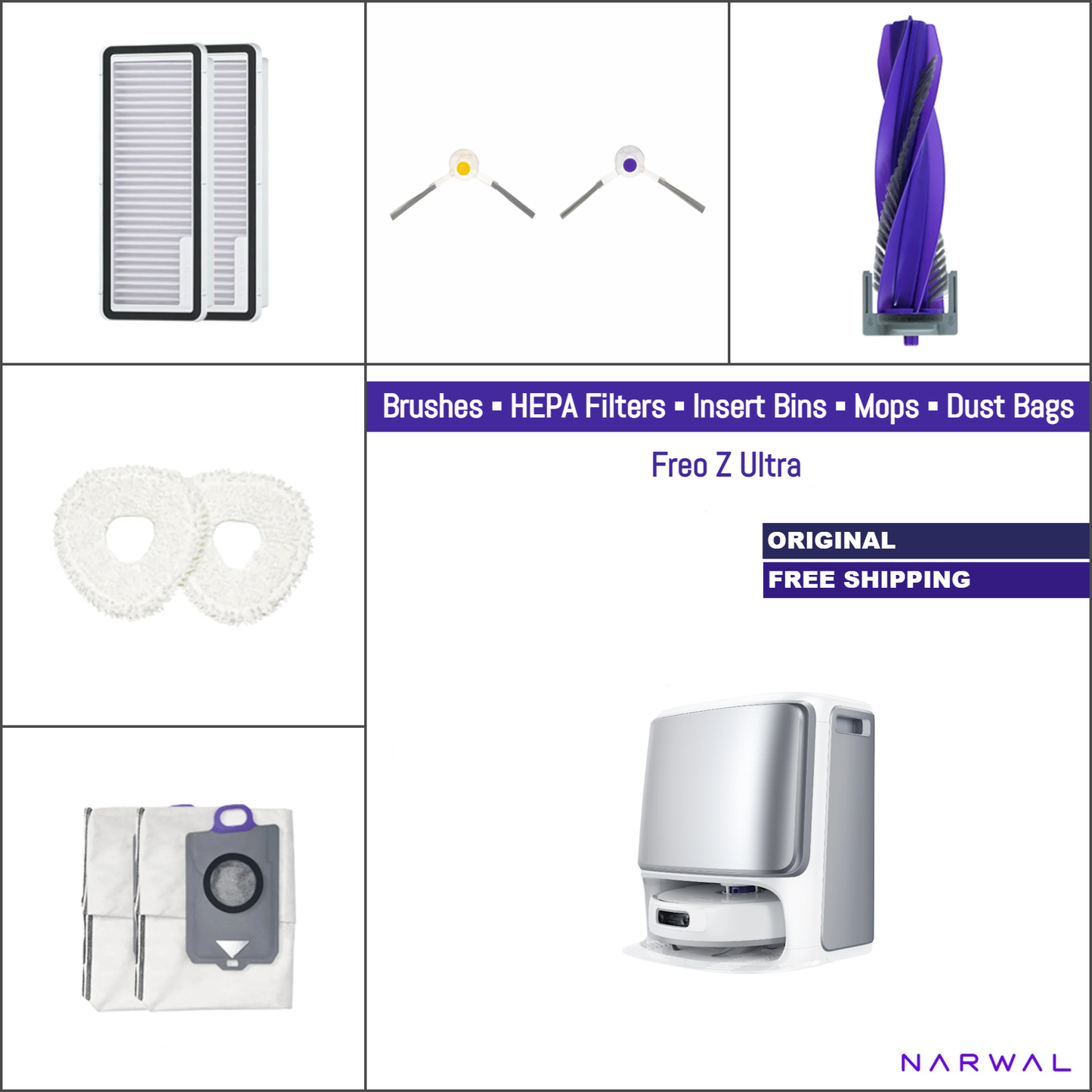 Narwal Freo Z Ultra | Original Consumable Parts & Accessories: Brushes, Mops, HEPA Filters, Insert Bins & Dust Bags