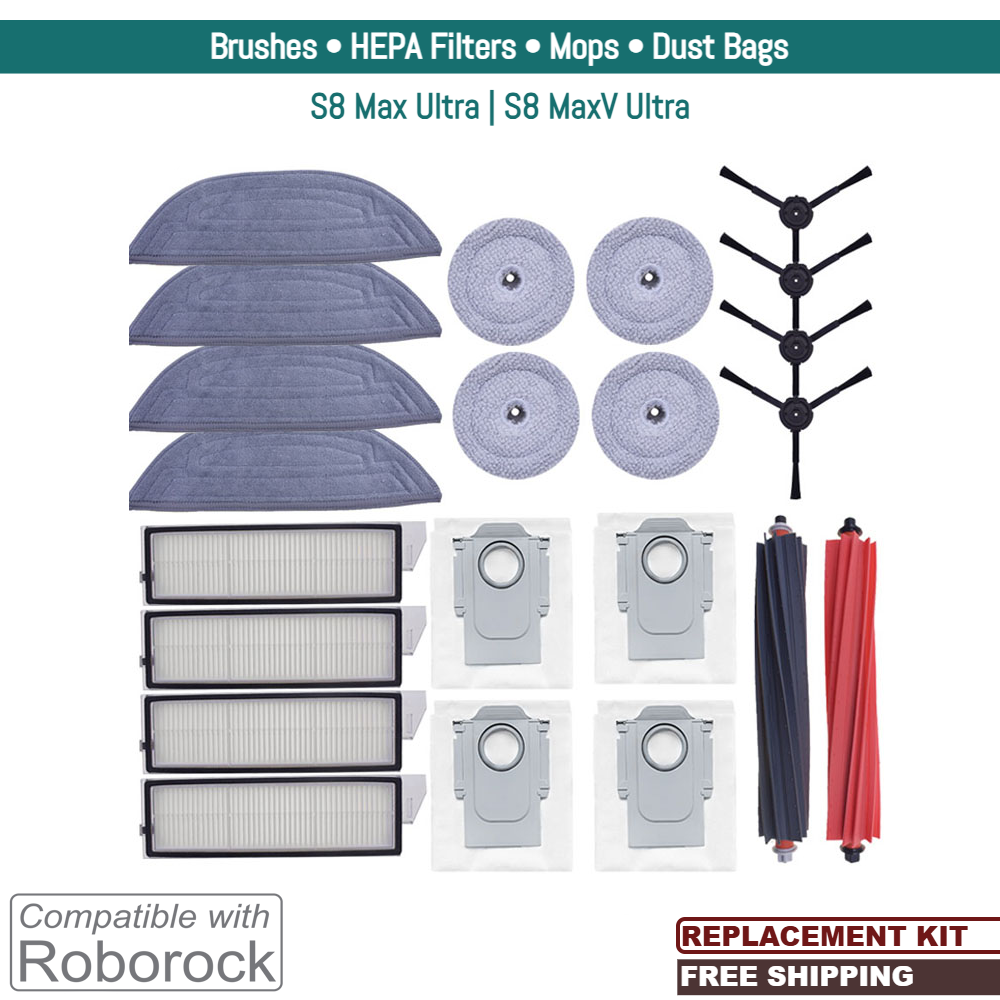 Roborock S8 Max Ultra, S8 MaxV Ultra | Replacement Accessories & Spare Parts: Brushes, Mops, Dust Bags & HEPA Filters