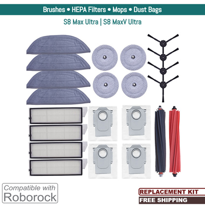 Roborock S8 Max Ultra, S8 MaxV Ultra | Replacement Accessories & Spare Parts: Brushes, Mops, Dust Bags & HEPA Filters